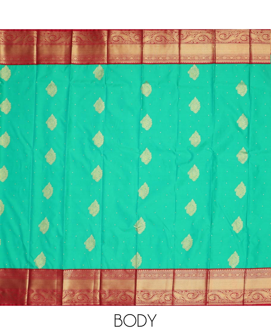 Turquoise zari design gift saree, contrast traditional zari design border, and intricately designed pallu