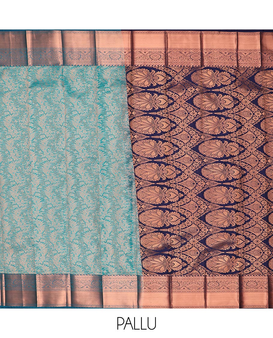 Blue jacquard gift saree, contrast traditional zari design border, and intricate pallu