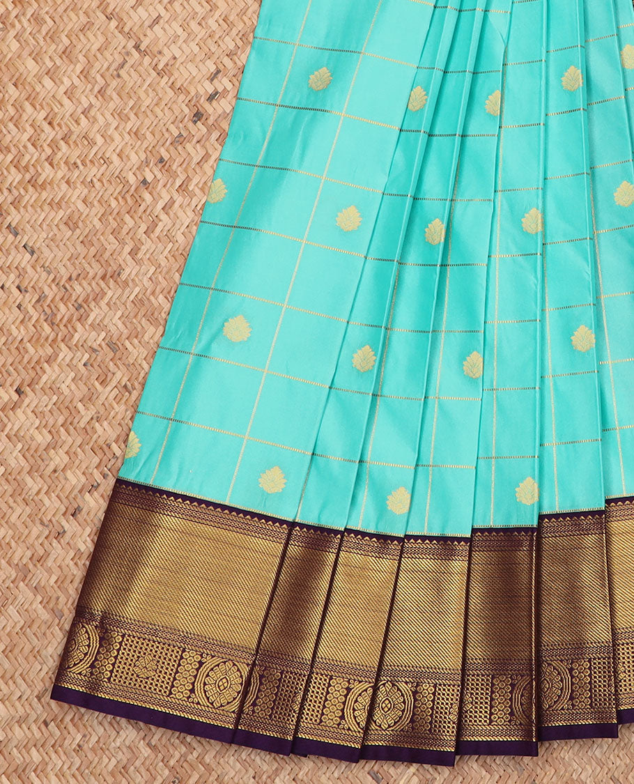 Blue zari butta enclosed checked gift saree, contrast traditional zari designs border, and jaal pallu