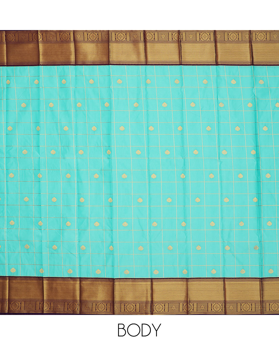 Blue zari butta enclosed checked gift saree, contrast traditional zari designs border, and jaal pallu