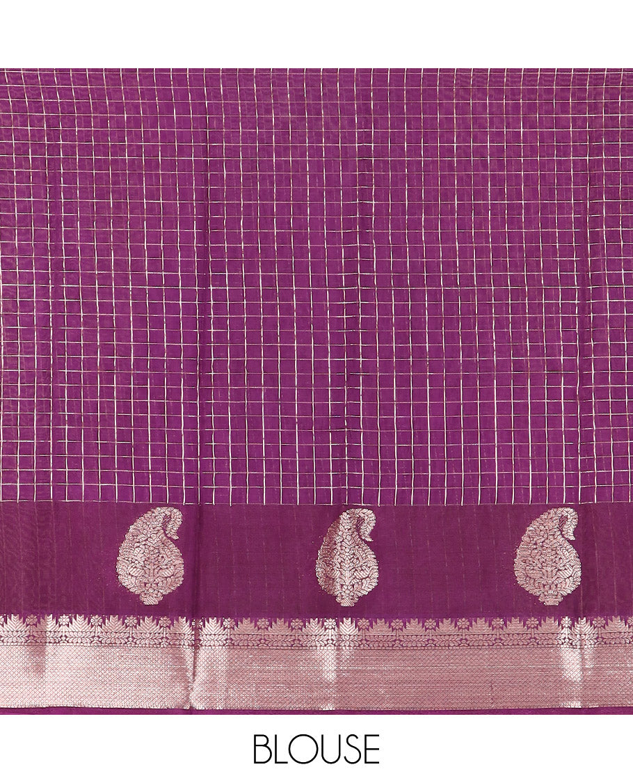 Yellow zari checked Assam silk saree, contrast traditional zari border of paisleys, and pallu of zari stripes