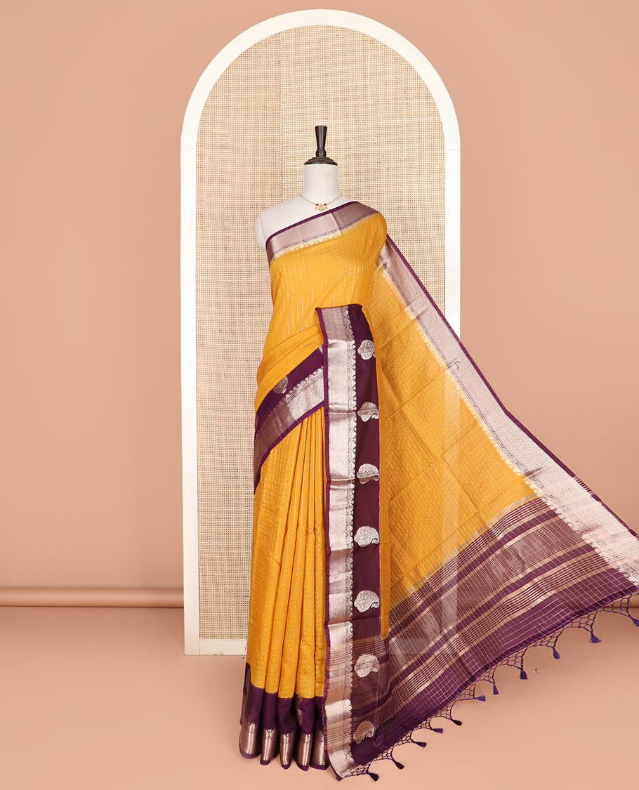 Yellow zari checked Assam silk saree, contrast traditional zari border of paisleys, and pallu of zari stripes