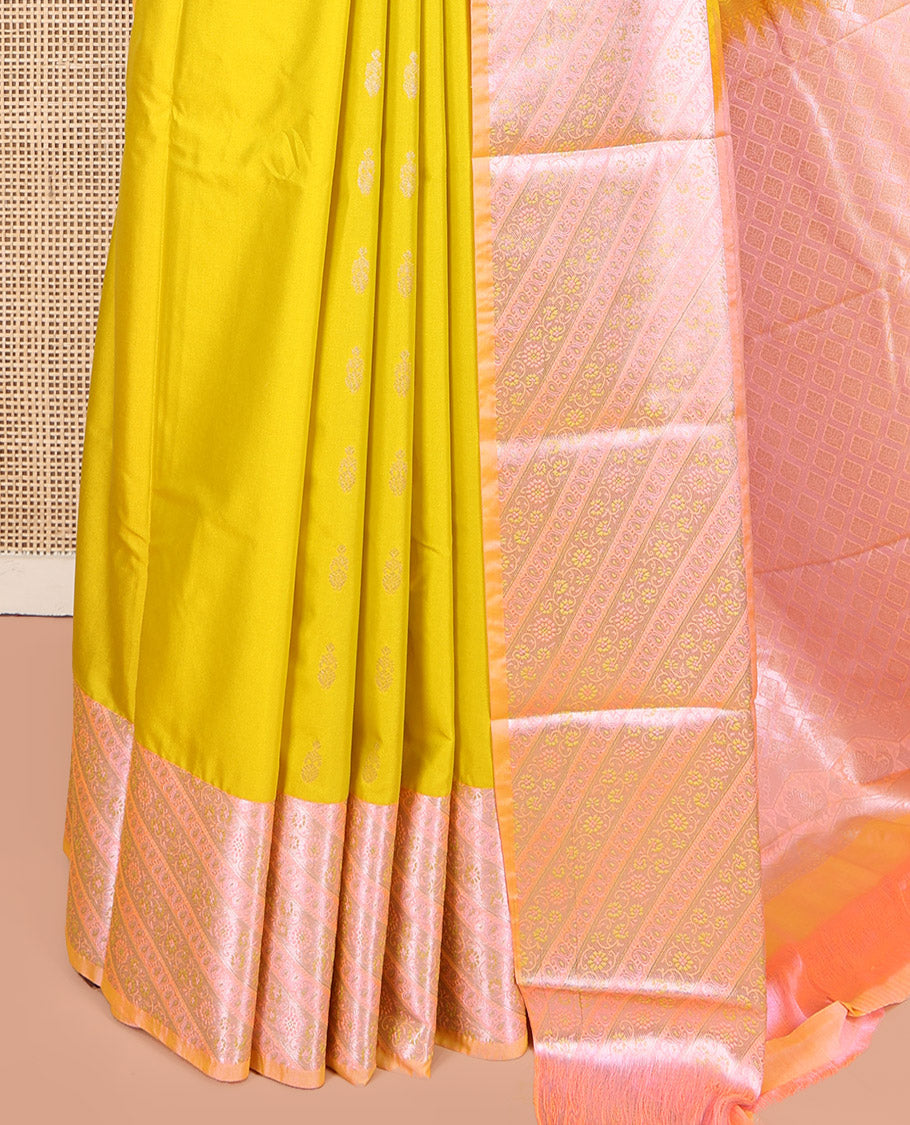 Yellow Budget Silk Saree, Sparsely Woven with Zari Buttas All Over Its Body, Complemented by Contrast Border of Floral-Paisley Designs, Beautifully Bedecked Pallu of Jaal Designs, and Paired with a Contrast Blouse