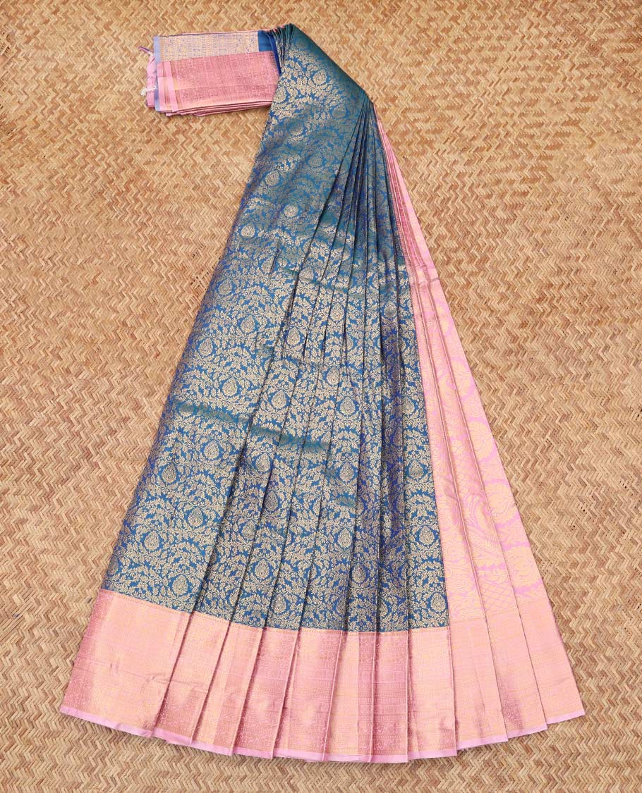 Blue Budget Silk Saree, Elevated with Jacquard Design, Complemented by Contrast Traditional Zari Border, a Grand Pallu and a Contrast Blouse