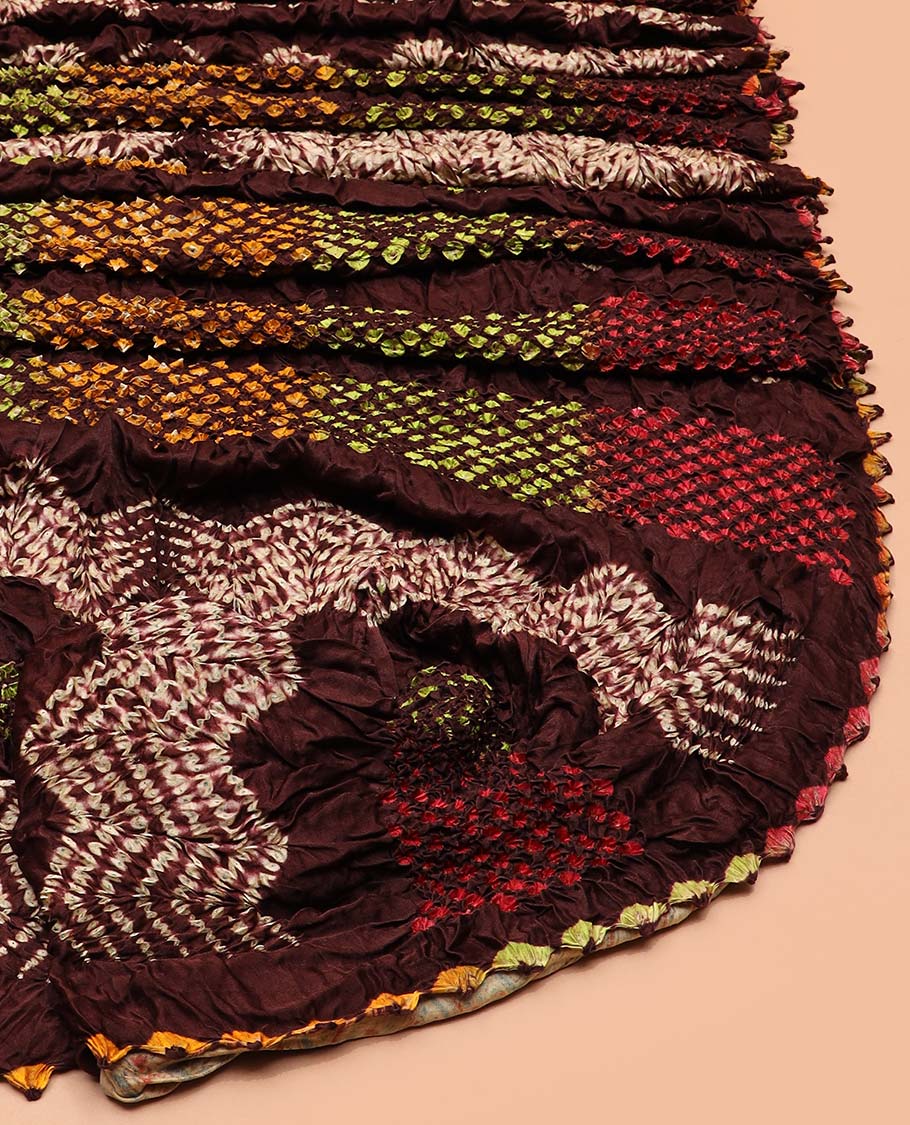 Borderless brown tie-dye bandhani dotted bandhani silk saree, contrast ajrakh printed pallu