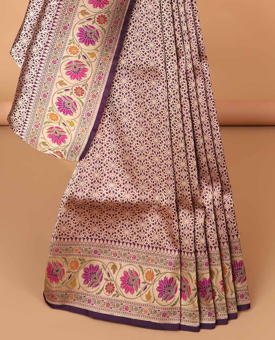 Purple floral jaal banaras silk saree with contrast floral border & floral zari design pallu