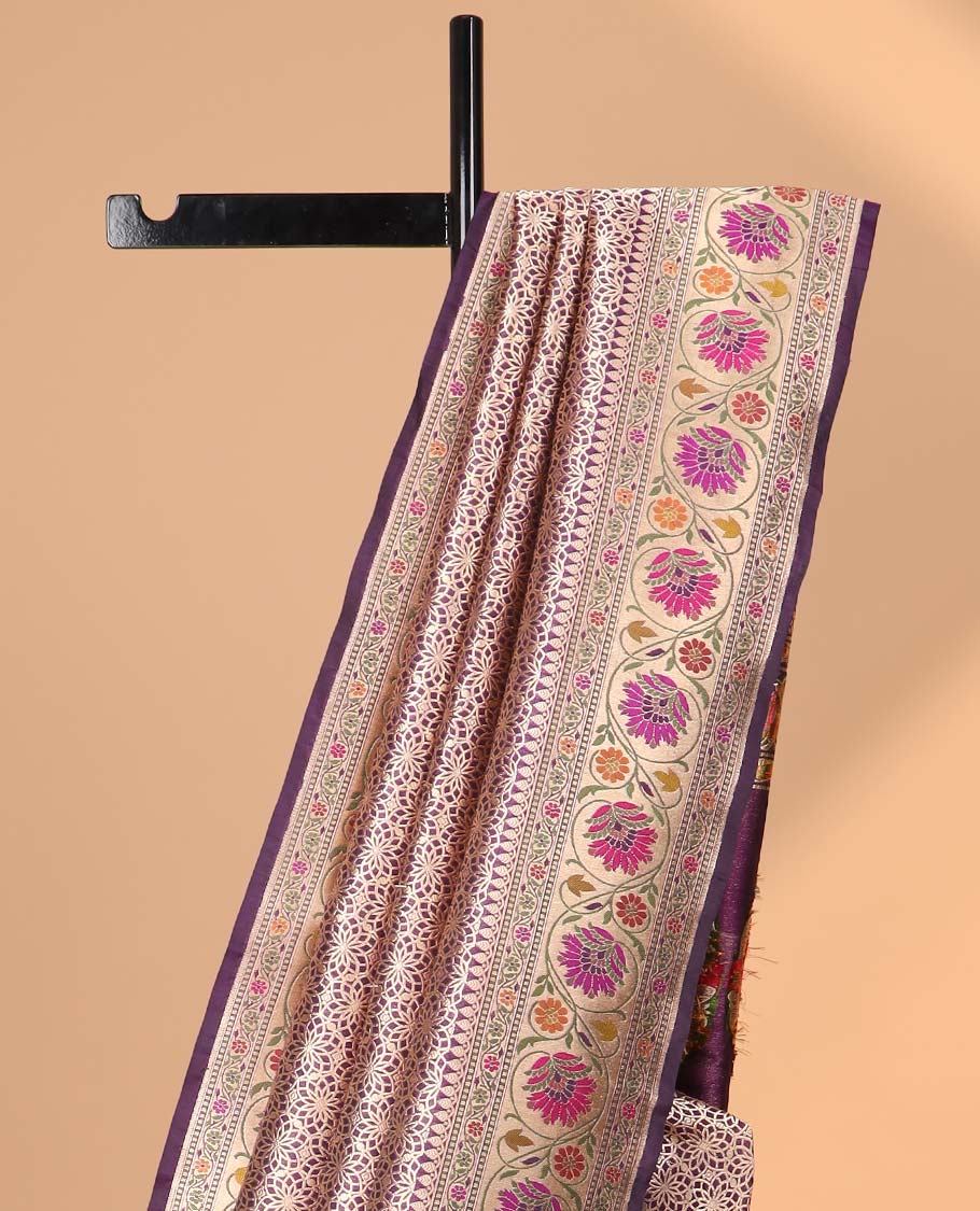 Purple floral jaal banaras silk saree with contrast floral border & floral zari design pallu