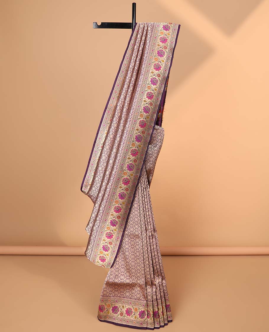 Purple floral jaal banaras silk saree with contrast floral border & floral zari design pallu