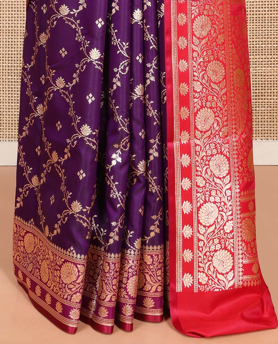 Purple Semi-Banaras Saree, Majestically Detailed with Jaal Jacquard on Its Body, Complemented by Floral Creeper Design Border, Intricately Designed Pallu, and Paired with a Contrast Blouse