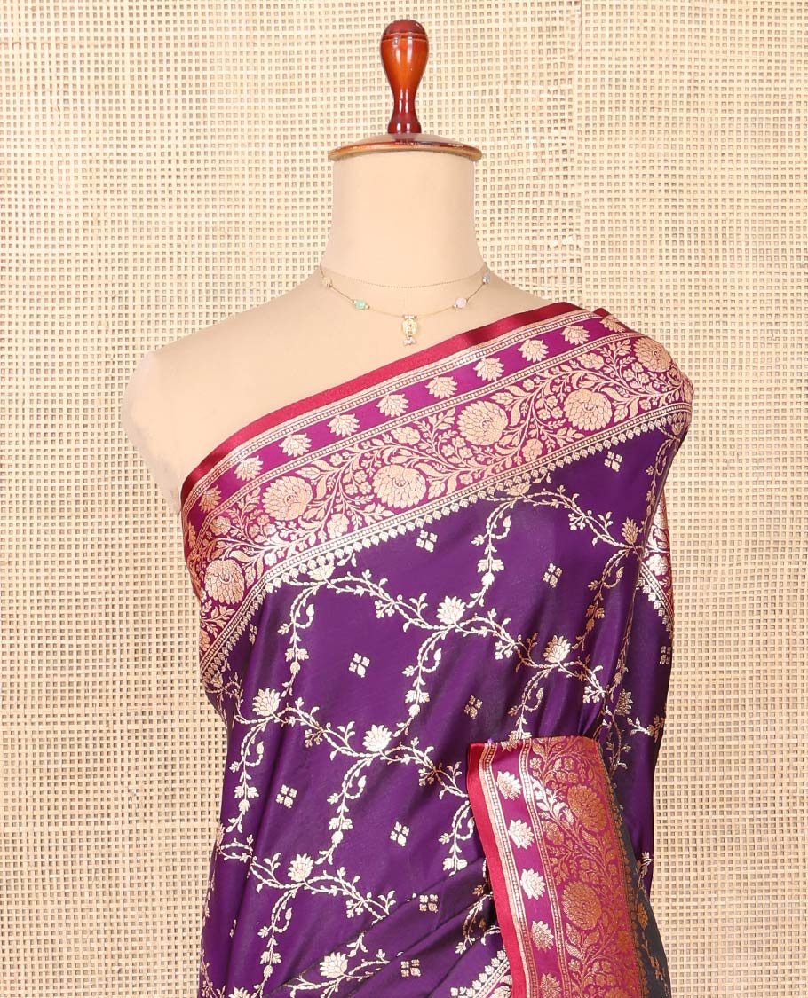 Purple Semi-Banaras Saree, Majestically Detailed with Jaal Jacquard on Its Body, Complemented by Floral Creeper Design Border, Intricately Designed Pallu, and Paired with a Contrast Blouse