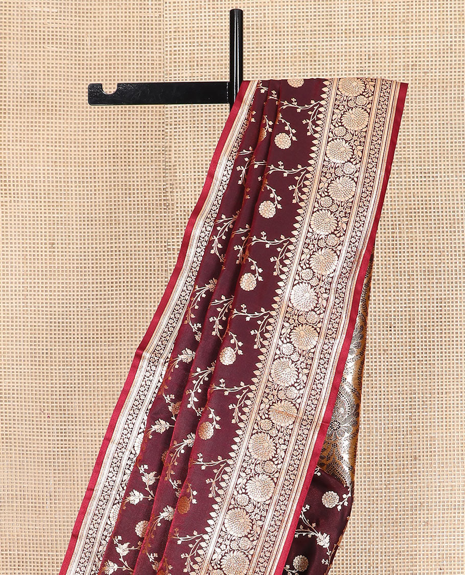 Maroon floral jaal jacquard banarasi silk saree, floral creeper design border, and ogee patterned pallu