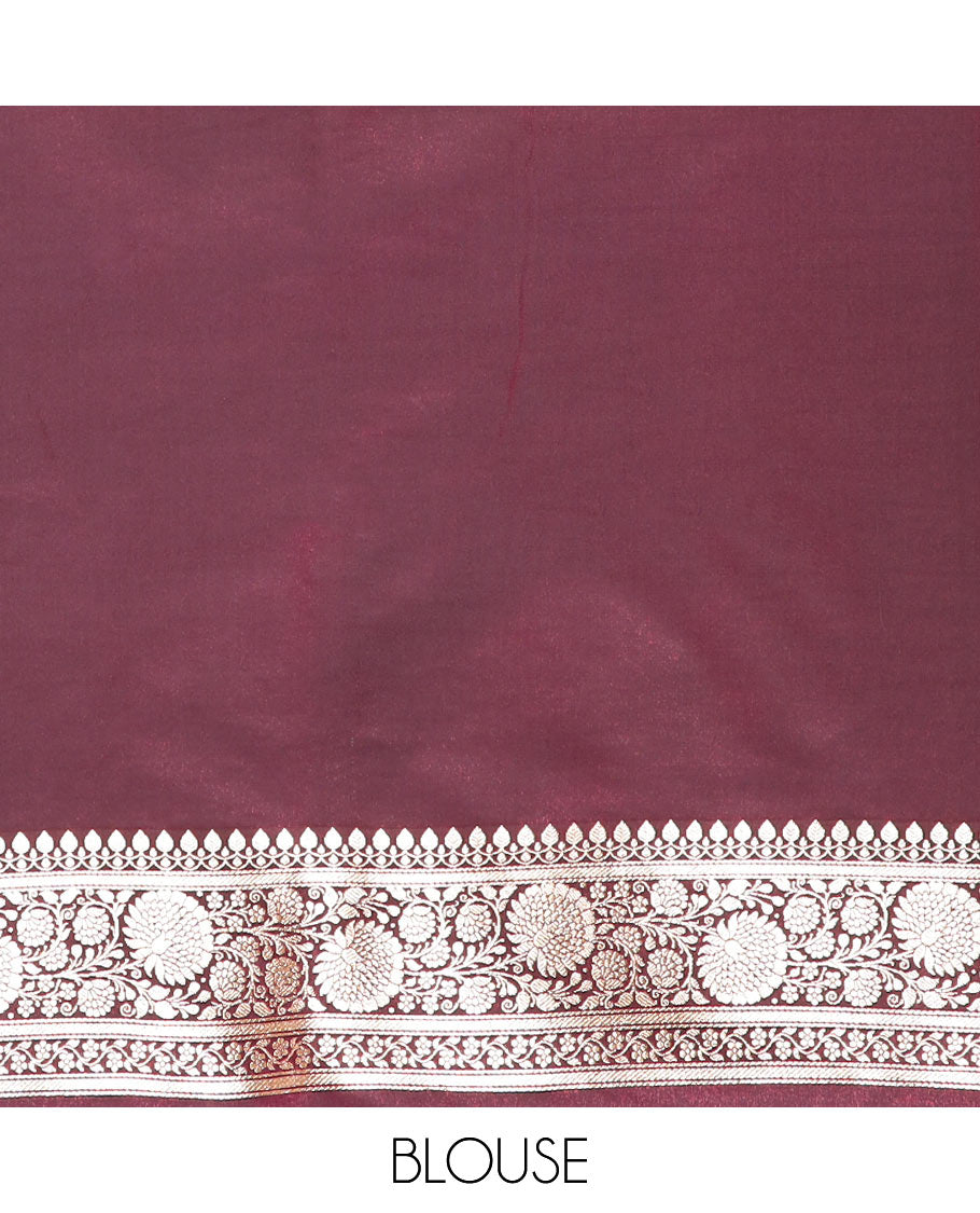 Maroon floral jaal jacquard banarasi silk saree, floral creeper design border, and ogee patterned pallu
