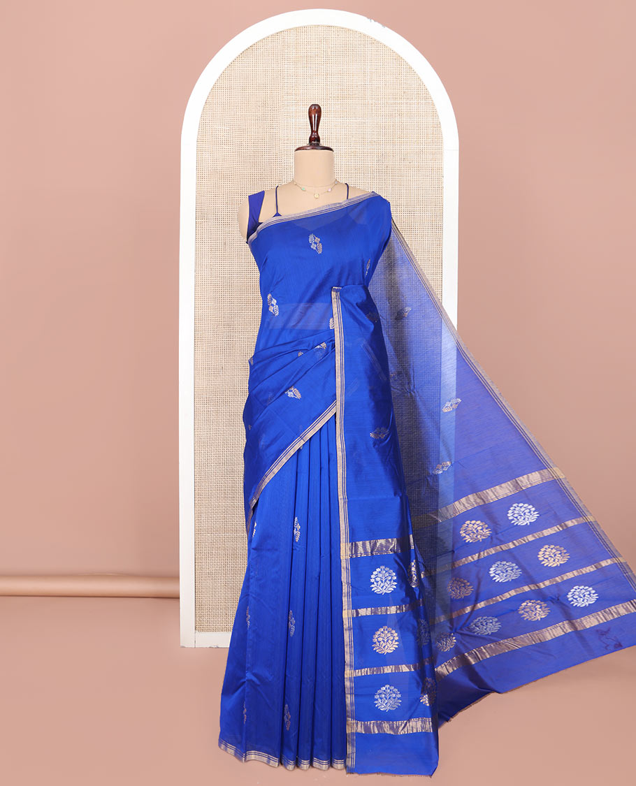 Royal Blue Chanderi Cotton Saree, Elevated with Buttas All Over Its Body, Highlighted by a Zari Piping Border, Pallu Steeped with Zari Designs, and Paired with a Matching Blouse