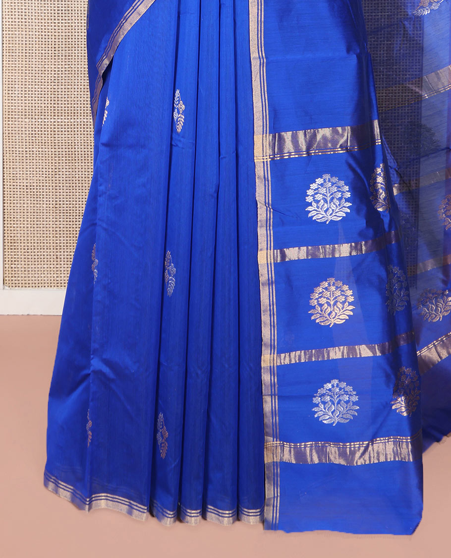 Royal Blue Chanderi Cotton Saree, Elevated with Buttas All Over Its Body, Highlighted by a Zari Piping Border, Pallu Steeped with Zari Designs, and Paired with a Matching Blouse
