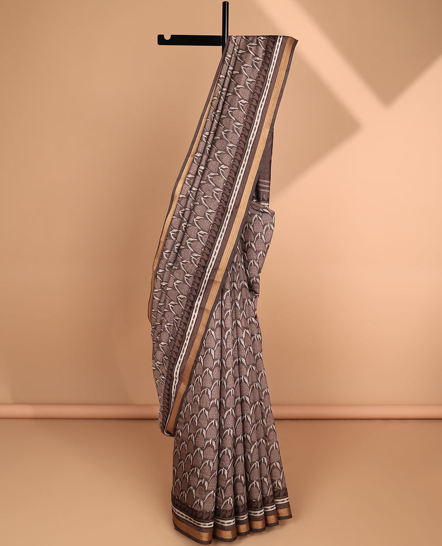 Brown intricate design chanderi cotton saree with contrast zari border & ogee design pallu