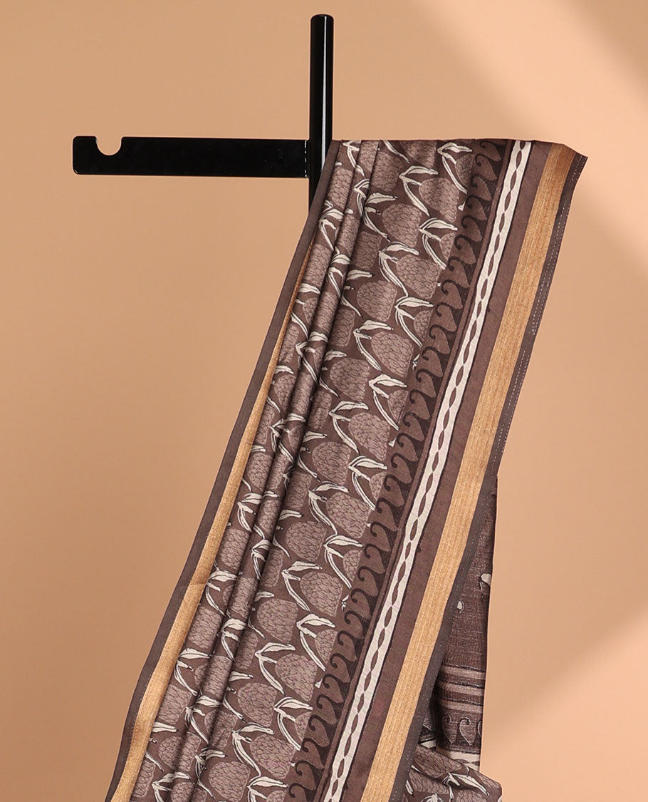 Brown intricate design chanderi cotton saree with contrast zari border & ogee design pallu