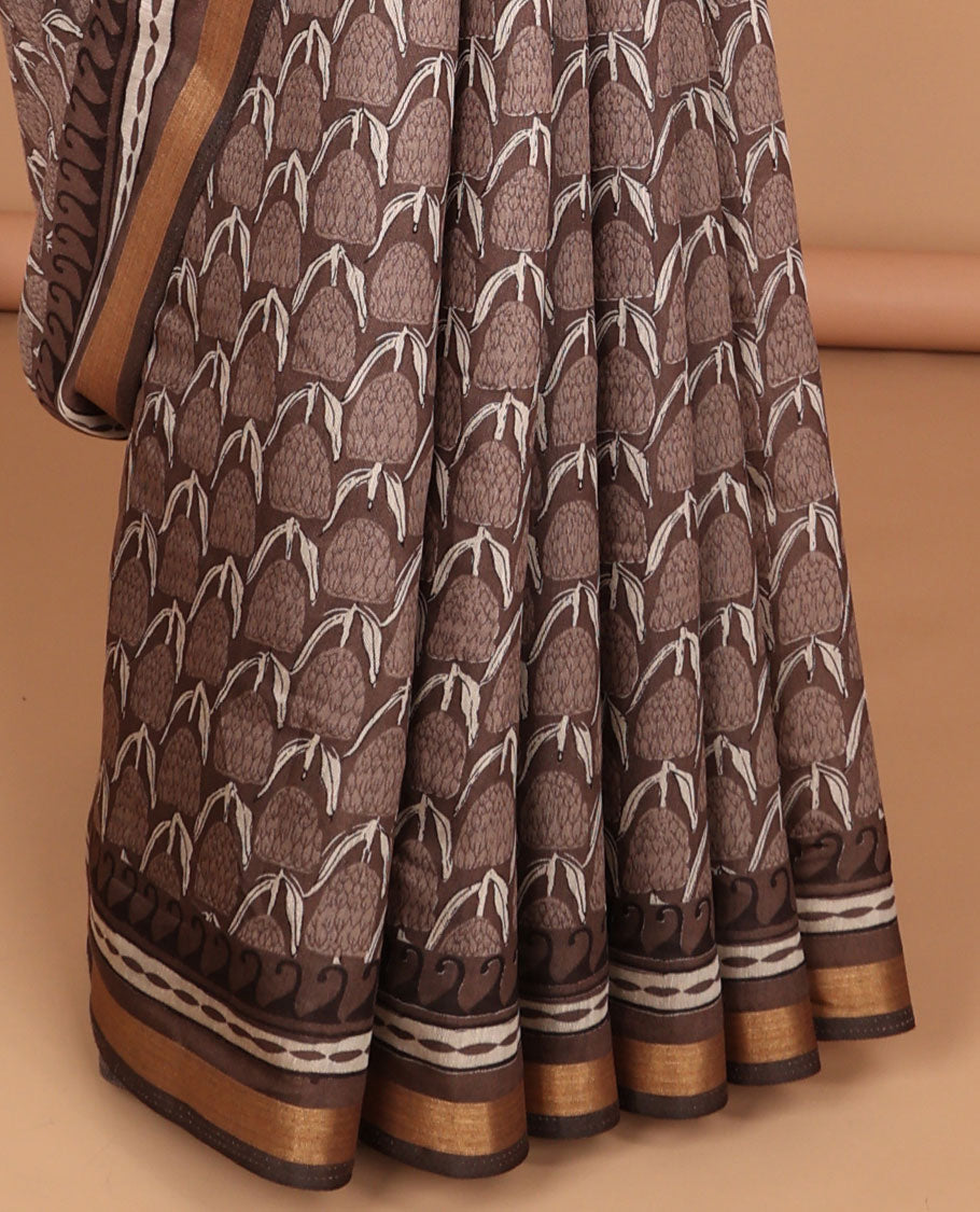Brown intricate design chanderi cotton saree with contrast zari border & ogee design pallu