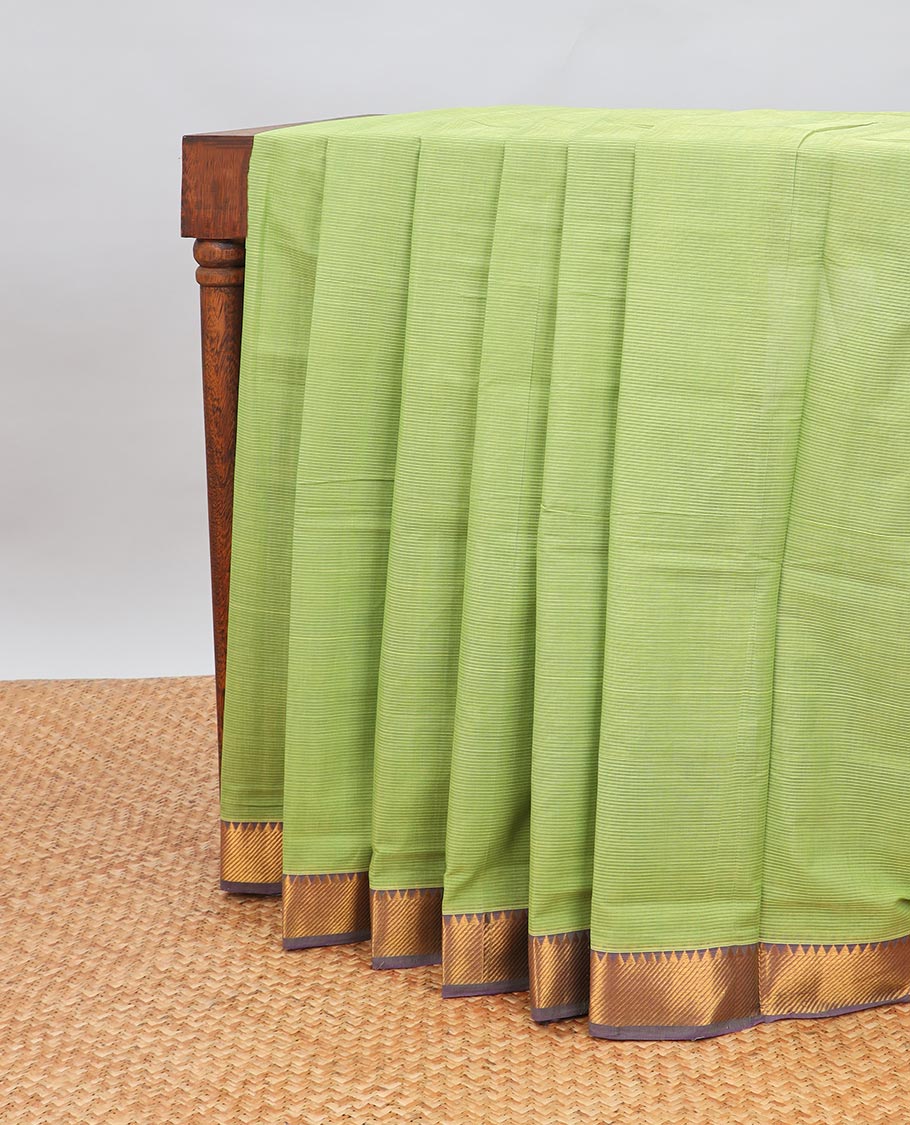 Green striped mangalagiri cotton saree with contrast zari design border & striped pallu