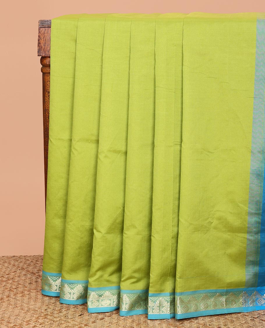 Green Plain Poly Cotton Saree, Complemented by a Contrast Traditional Zari Border, Pallu of Stripes, and Paired with a Contrast Blouse