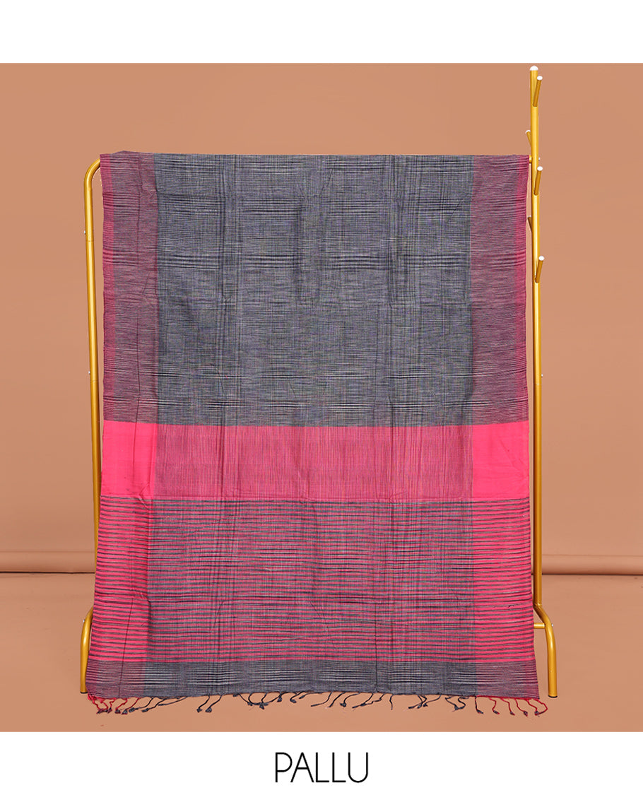 Grey Heathered Textured Mangalgiri Cotton Saree, Complemented by Contrast Heathered Textured Border, Striped Pallu and Paired with a Contrast Blouse