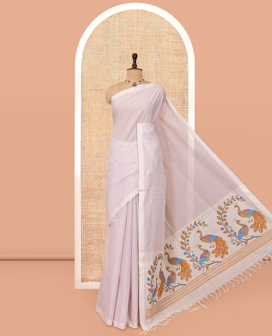 Borderless Pale Pink Jute Cotton Saree, Sparsely Woven with Stripes, a Self-Pallu Depicts Peacock Designs, and a Matching Blouse