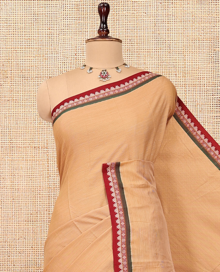 Sandal Plain Narayanpet Cotton Saree, Complemented by a Contrast Traditional Thread Border, Striped Pallu, and a Matching Blouse