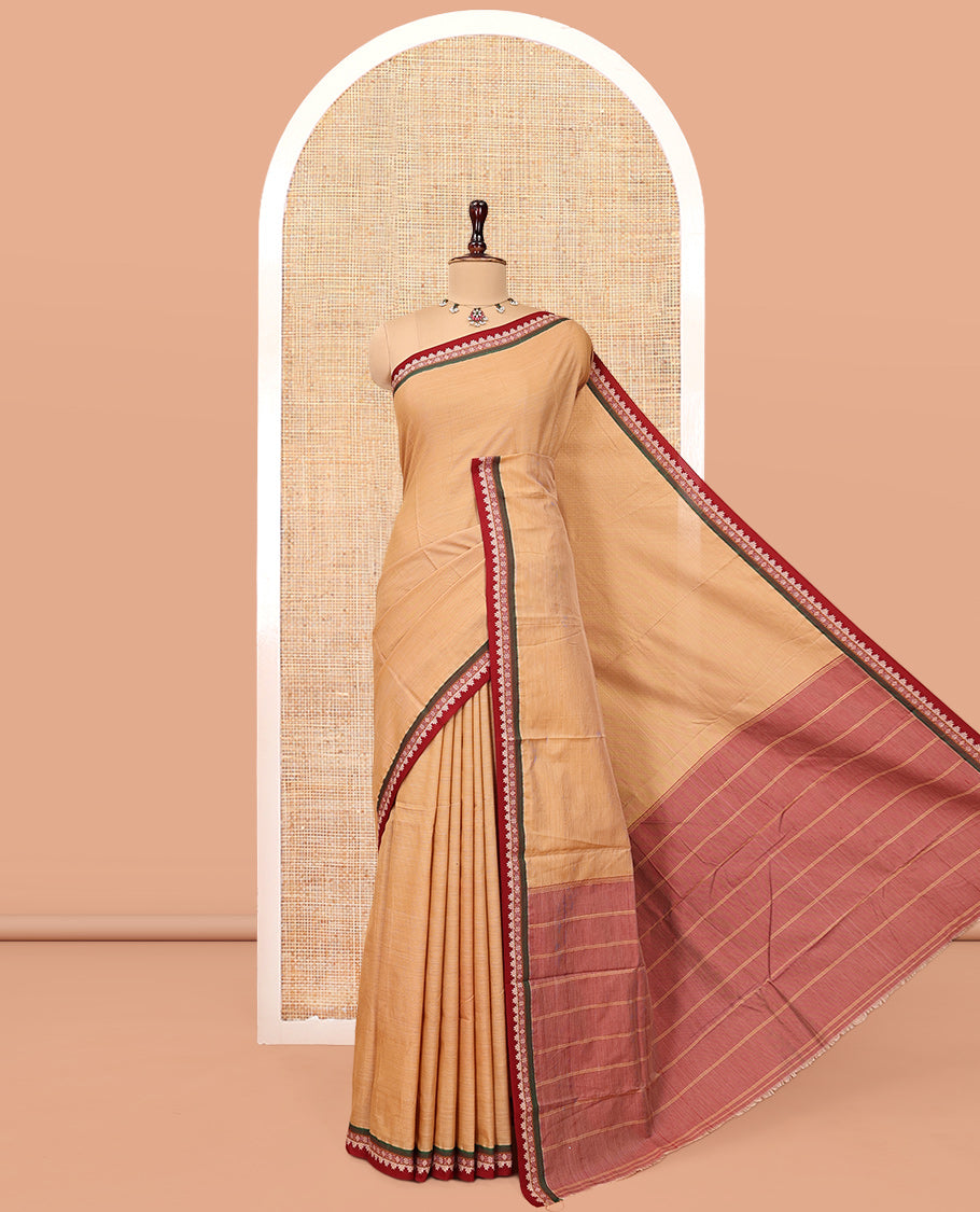 Sandal Plain Narayanpet Cotton Saree, Complemented by a Contrast Traditional Thread Border, Striped Pallu, and a Matching Blouse