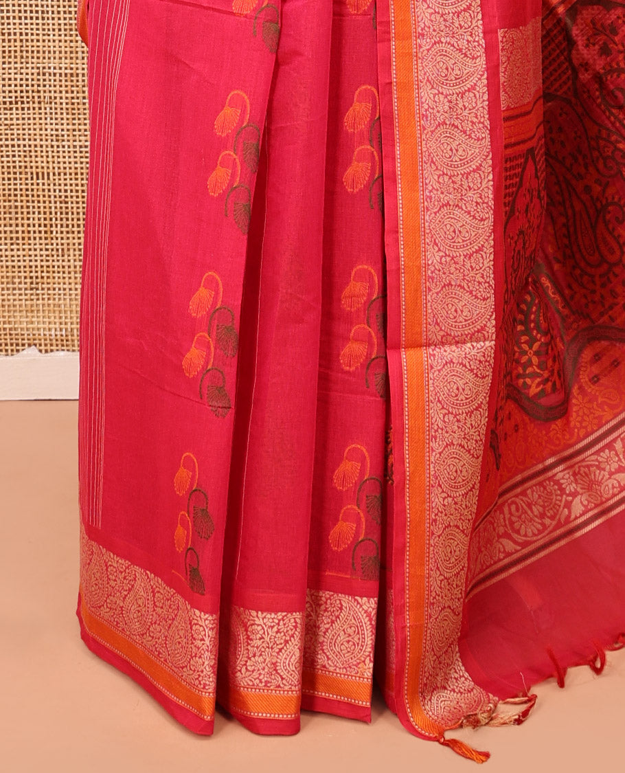 Pink Cotton Saree, Detailed with Buttas and Stripes, Highlighted by Paisley Border, Pallu Depicting Paisleys, and a Matching Blouse
