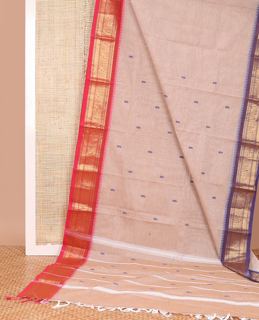Sandal buttas Chettinad cotton saree, contrast ganga jamuna traditional zari border, and pallu of stripes, and buttas