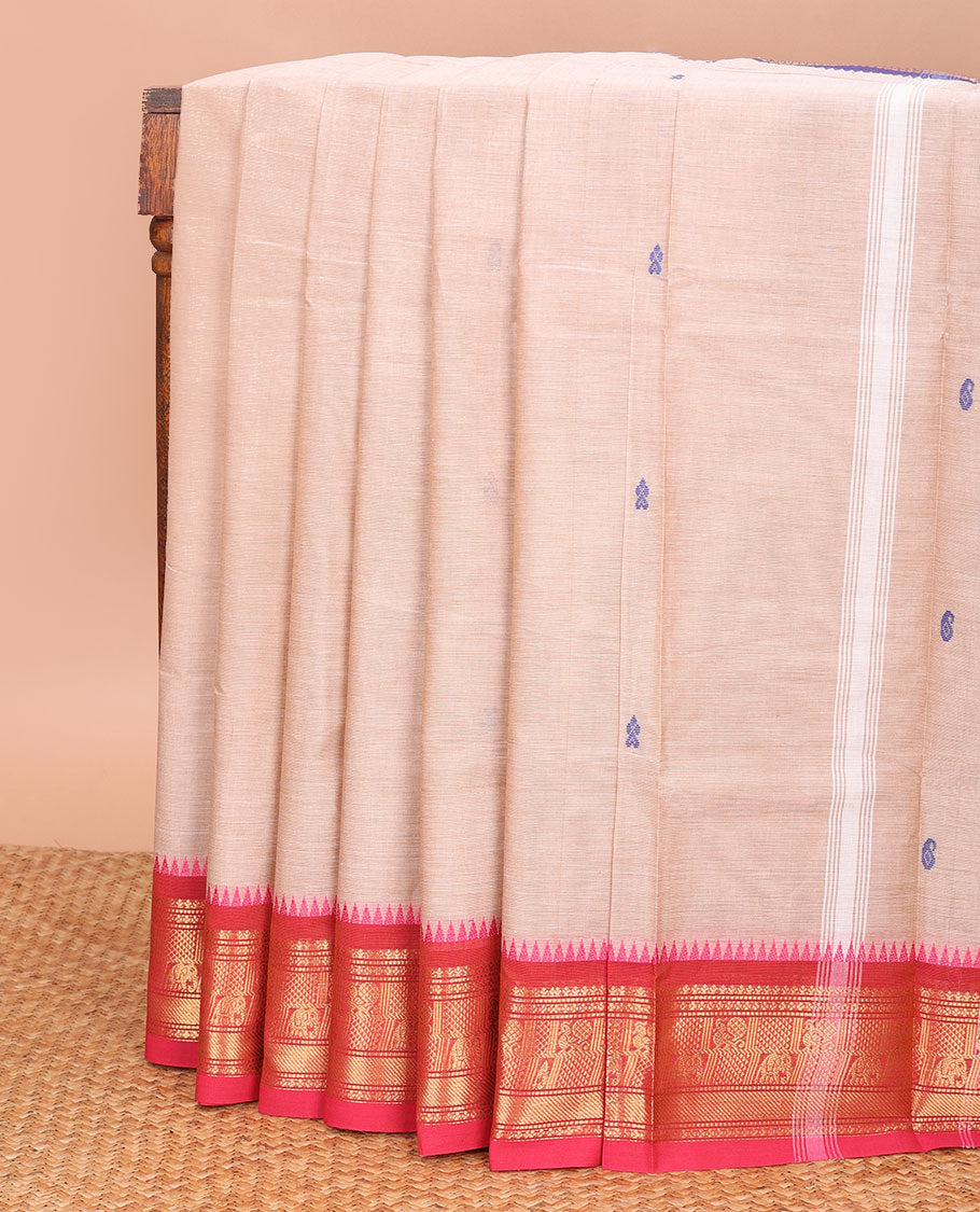 Sandal buttas Chettinad cotton saree, contrast ganga jamuna traditional zari border, and pallu of stripes, and buttas
