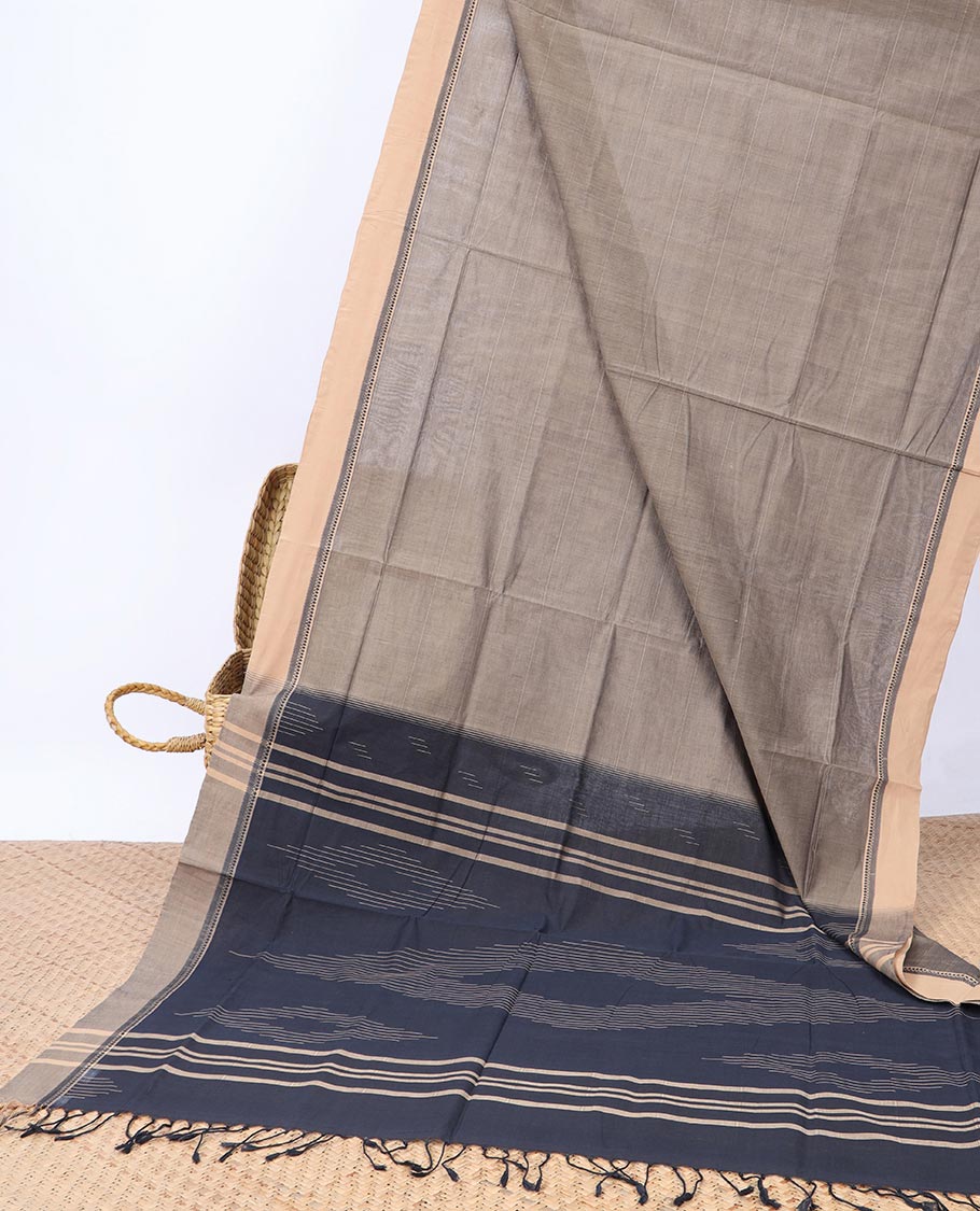Grey plain Andhra cotton saree, contrast border & pallu of ikkat design