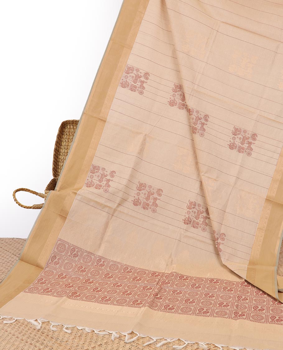 Sandal Coimbatore cotton saree features animal motifs, contrast plain border & pallu of peacock & chakram motifs