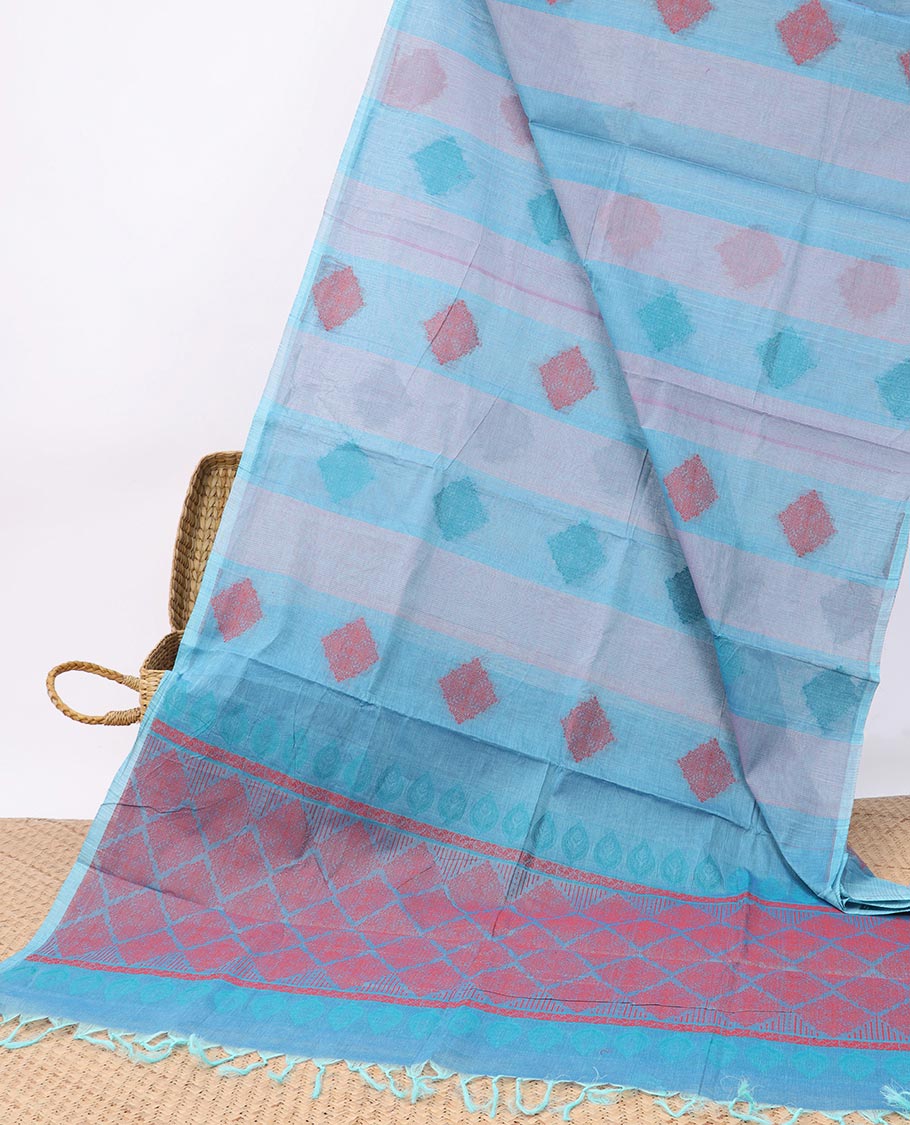 Borderless blue buttas Coimbatore cotton saree, self-pallu of jaal design