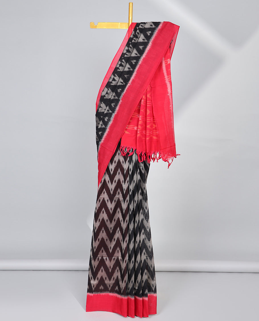 Black gementric ikkat cotton saree with contrast plain border & geometric design pallu