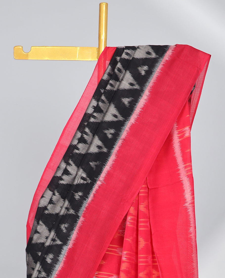 Black gementric ikkat cotton saree with contrast plain border & geometric design pallu