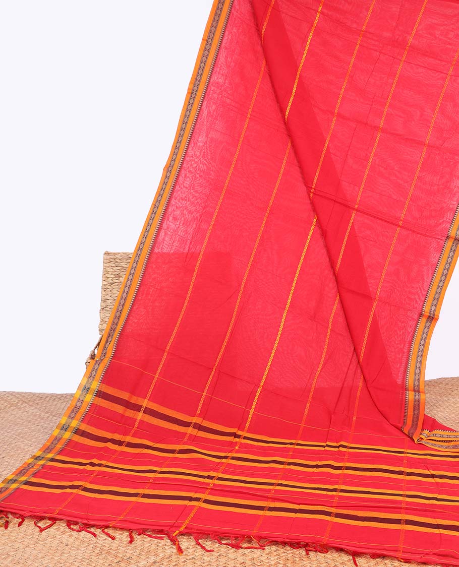 Red narayanapet cotton saree with contrast intricate design border & striped pallu