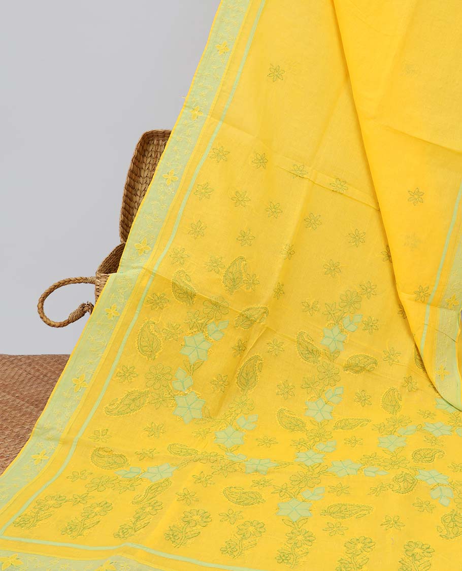 Yellow all-over floral thread embroidery chikankari cotton saree with contrast embroidery border