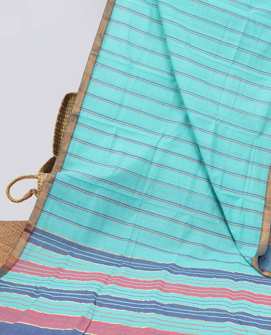 Blue striped mangalagiri cotton saree & contrast temple zari border & striped pallu