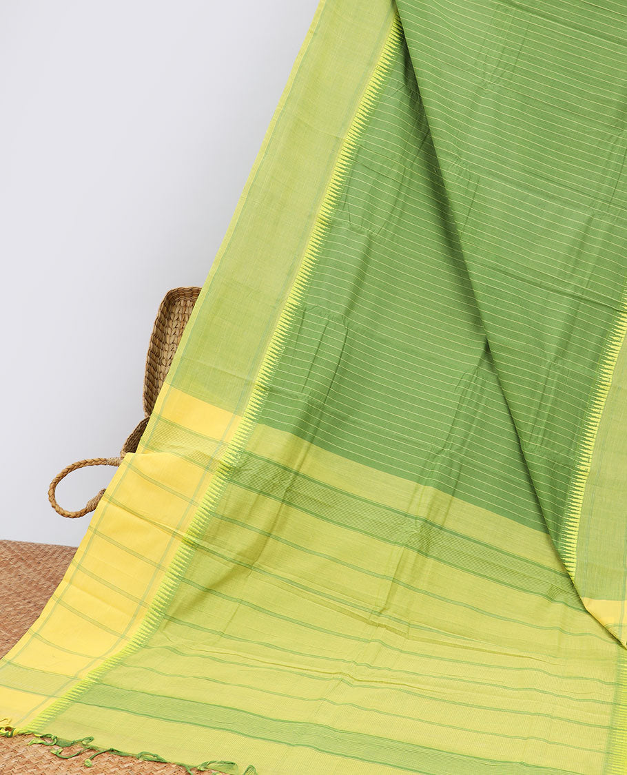 Green striped khadi cotton saree with contrast temple border & striped pallu