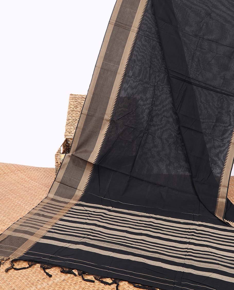 Black narayanapet cotton saree with contrast zari design border & striped pallu