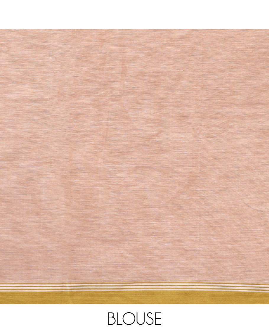 Sandal buttas woven Kanchi cotton saree, contrast plain border, and pallu of leaf motifs