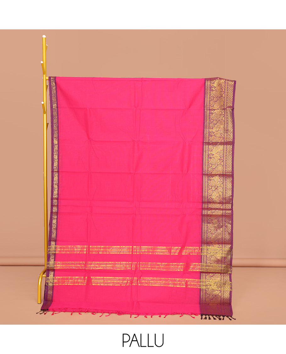 Pink Plain Chettinad Cotton Saree, Complemented by Contrast Traditional Zari Border of Peacock Designs, Pallu of Stripes, and Paired with a Matching Blouse