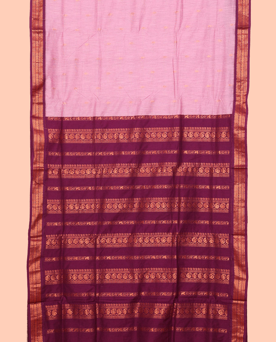 Pink Nine Yard Cotton Saree, Subtly Sparkled with Buttas All Over Its Body, Complemented by Contrast Traditional Zari Design Border, Pallu of Traditional Designs, and Comes Without a Blouse