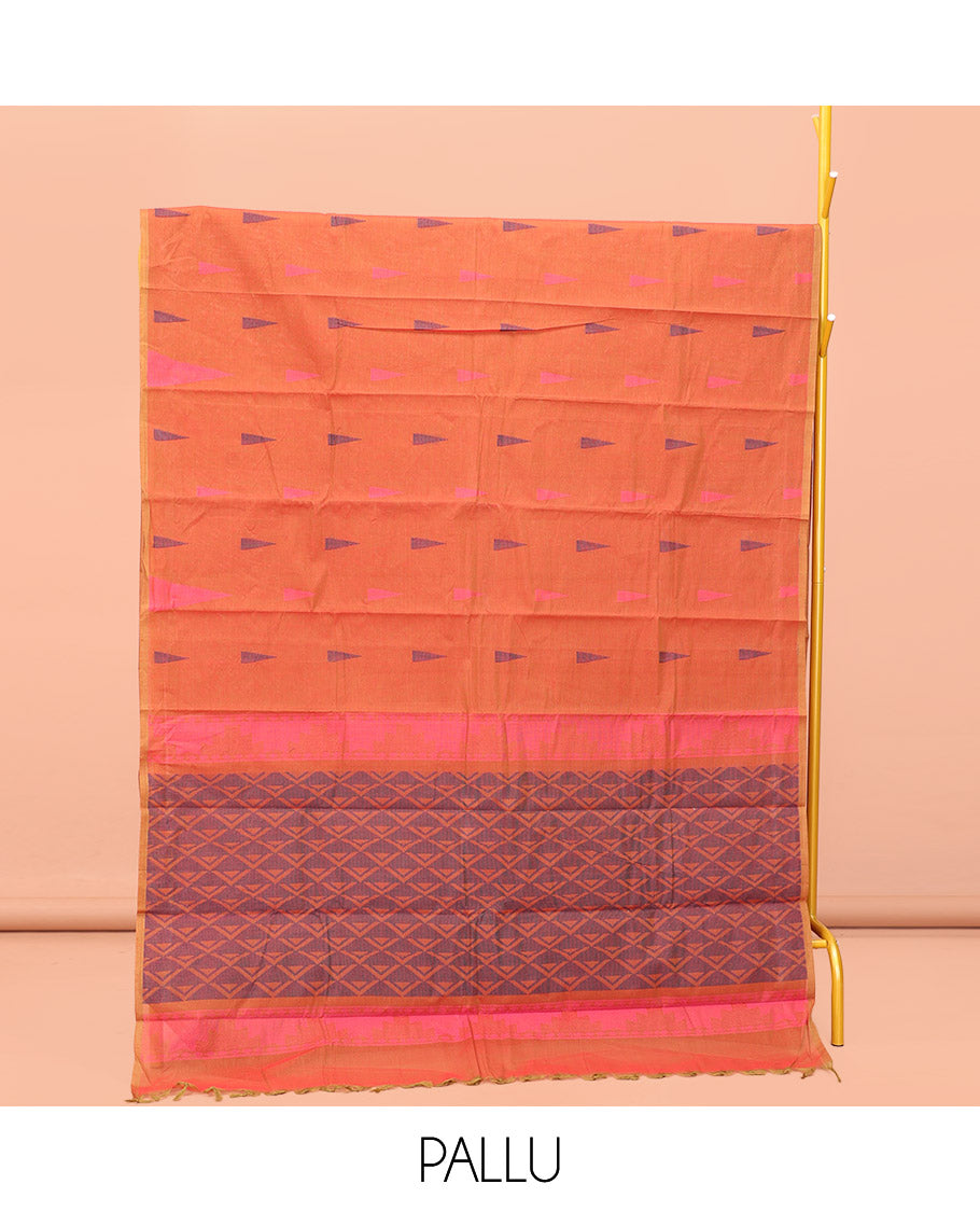 Orange Kanchi Cotton Saree, Steeped with Temple Buttas All Over Its Body, a Subtle Zari Border, Pallu of Triangle Designs, and Paired with a Matching Blouse