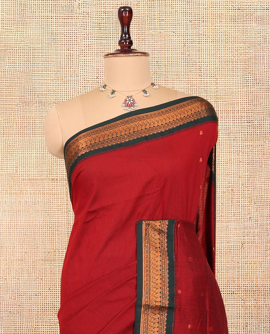 Red Kalyani Cotton Saree, Woven with Thread Buttas, Complemented by a Contrast Traditional Border, Traditional Pallu, and a Contrast Blouse