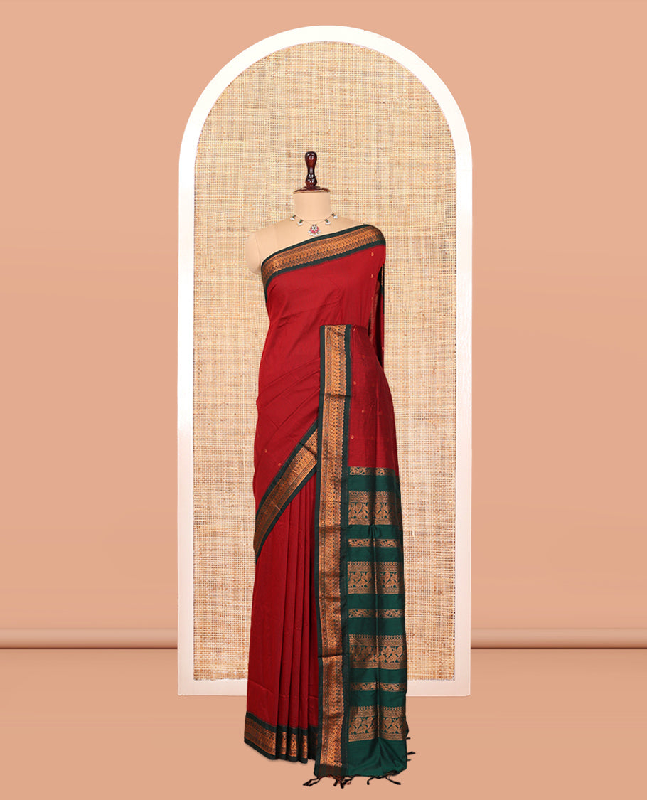 Red Kalyani Cotton Saree, Woven with Thread Buttas, Complemented by a Contrast Traditional Border, Traditional Pallu, and a Contrast Blouse