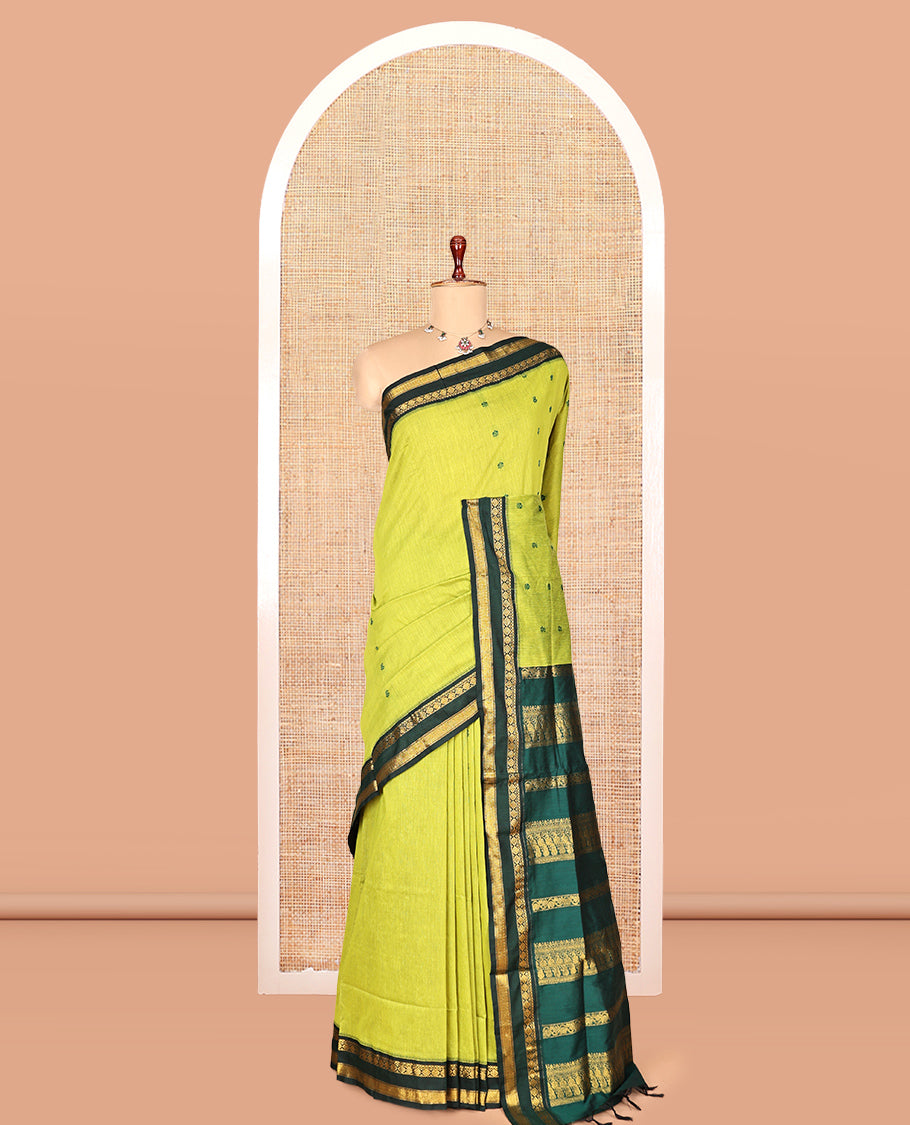 Leaf Green Kalyani Cotton Saree, Finely Crafted with Thread Buttas, a Contrast Traditional Rettai Pettu Zari Border, Grand Pallu, and a Contrast Blouse