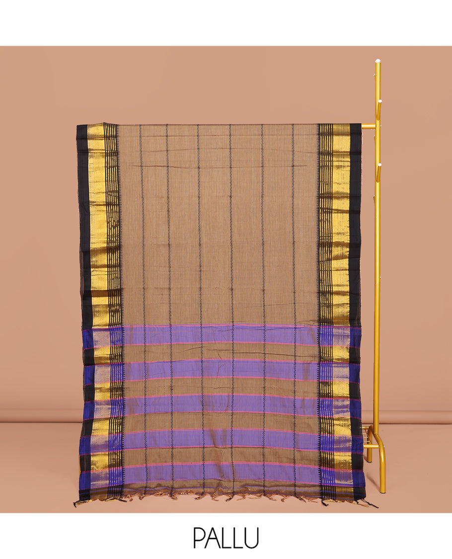 Brown Narayanpet Cotton Saree, Adorned with Veldhari Stripes, Complemented by a Contrast Temple Traditional Zari Design Border, Striped Pallu, and Comes Without a Blouse