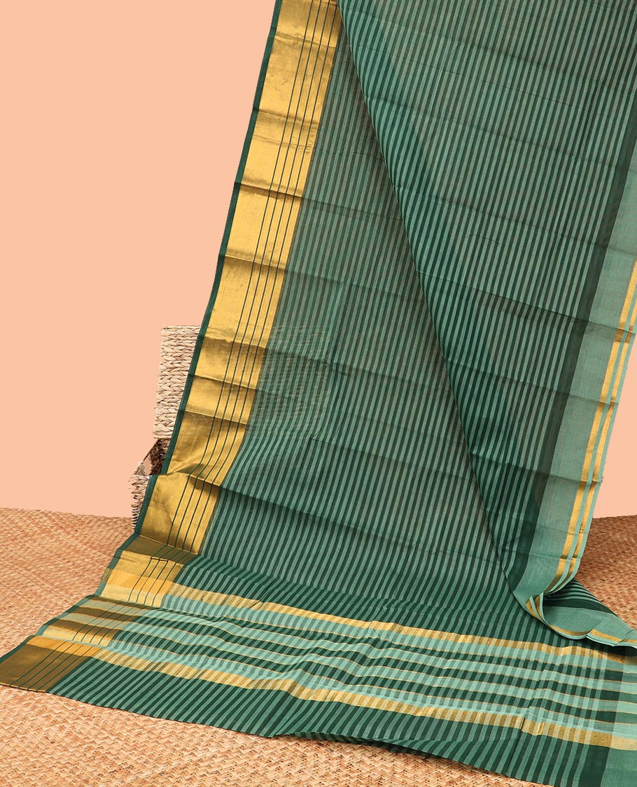 Green striped chirla cottton saree with contrast zari border & checked pallu