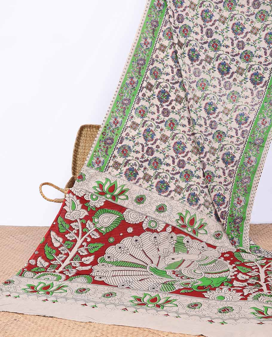 Cream floral vine design kalamkari saree with contrast floral design border & peacock , floral design pallu